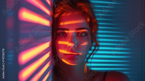 Night view of young woman with red and pink neon light lines Artistic concept of light and beauty of young woman	
