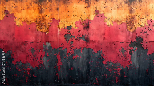 An abstract painting showcasing a rich texture and a bold contrast of blue, orange, and red hues with peeling layers.
