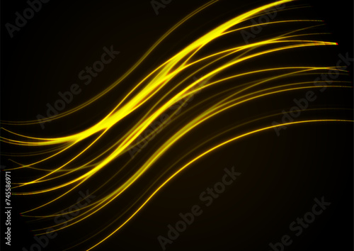 Bright yellow neon wavy lines abstract shiny retro background. Futuristic glowing vector design