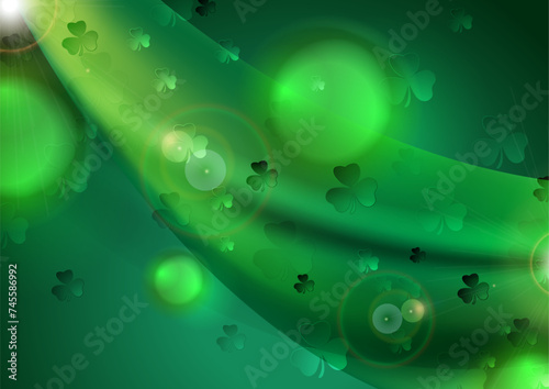 St Patrick Day emerald green abstract background with shamrock leaves, waves and glowing lights. Vector design