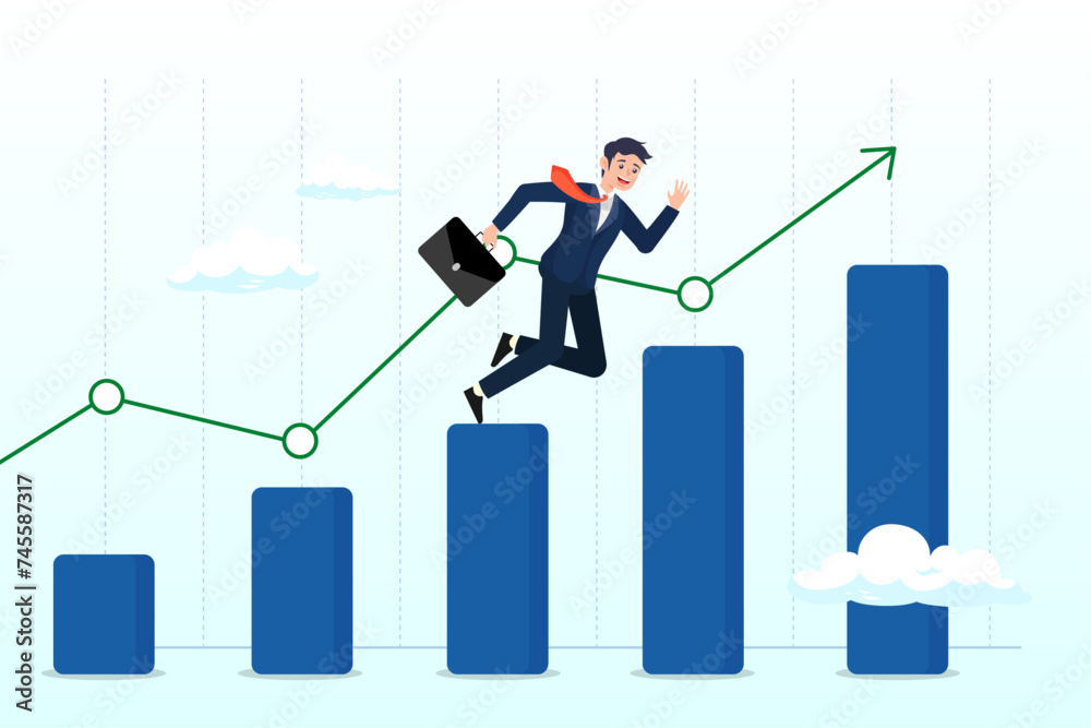 Businessman running up growth chart, business growth, challenge to success, career growing achievement, ambition or aspiration to achieve goal, development effort, improvement or winner step (Vector) Businessman running up growth chart, business growth, challenge to success, career growing achievement, ambition or aspiration to achieve goal, development effort, improvement or winner step (Vector)