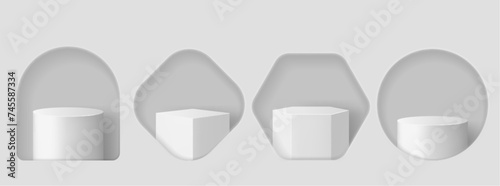 Window or hole in wall with product podium behind it. Realistic vector illustration of white minimalistic platform and pedestal of round, square, hexagon and arch shapes for goods display.