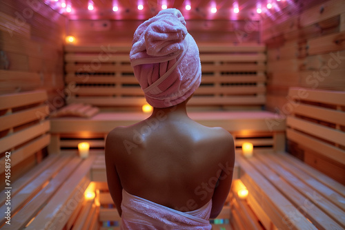 Woman with her back in a towel in a sauna, Infrared sauna and spa.
