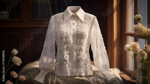 A button-up shirt adorned with delicate lace detailing, adding a romantic touch