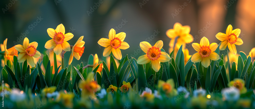 several daffodil flowers, narcissus spring flowers in the garden
