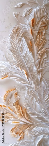 White and Gold Colored Feathers on White Background in the Style of Modern Baroque Delicate Flowers - Decorative Borders Innovative Page Design Shaped Canvas created with Generative AI Technology