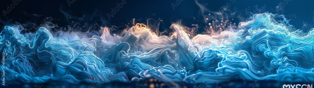 Blue and White Waves in the Water - obrazy, fototapety, plakaty 