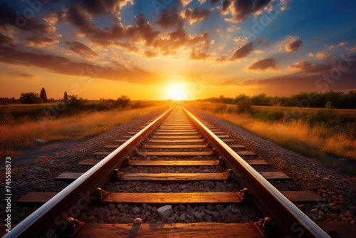 The sun setting right at the end of a railroad track photo