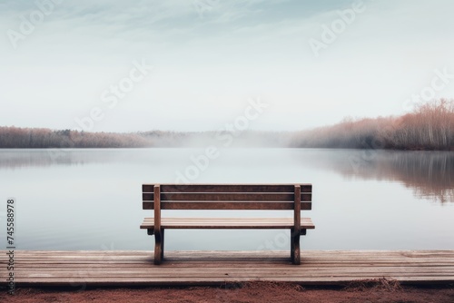 Photograph of an empty bench overlooking a calm lake, bench on the lake