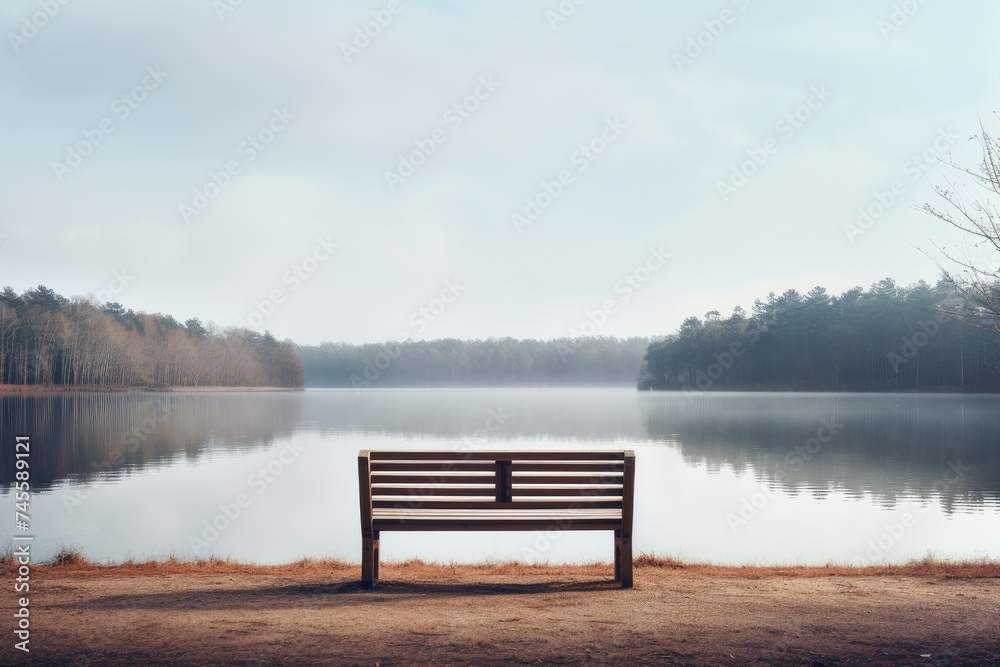Morning on the lake, Photograph of an empty bench overlooking a calm lake, bench on the lake
