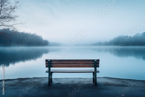 Photograph of an empty bench overlooking a calm lake, bench on the lake © VisionCraft