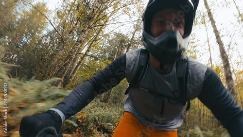 Face Shot Mountain Bike POV in Trees with Fall Leaves