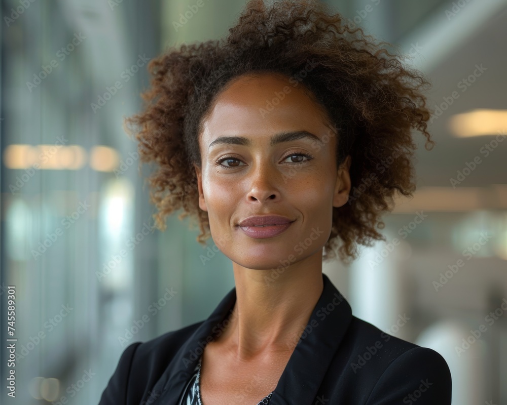 Warm and approachable corporate professional with a friendly smile, showcasing natural curly hair and a smart black blazer. Warm and approachable corporate professional with a friendly smile, showcasing natural curly hair and a smart black blazer.