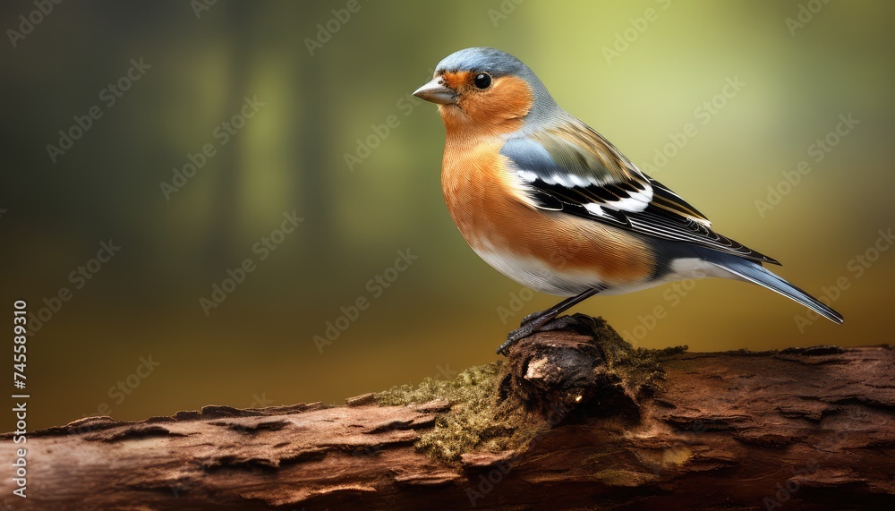 Male Chaffinch, Fringilla coelebs, perched on a tree stump Male Chaffinch, Fringilla coelebs, perched on a tree stump