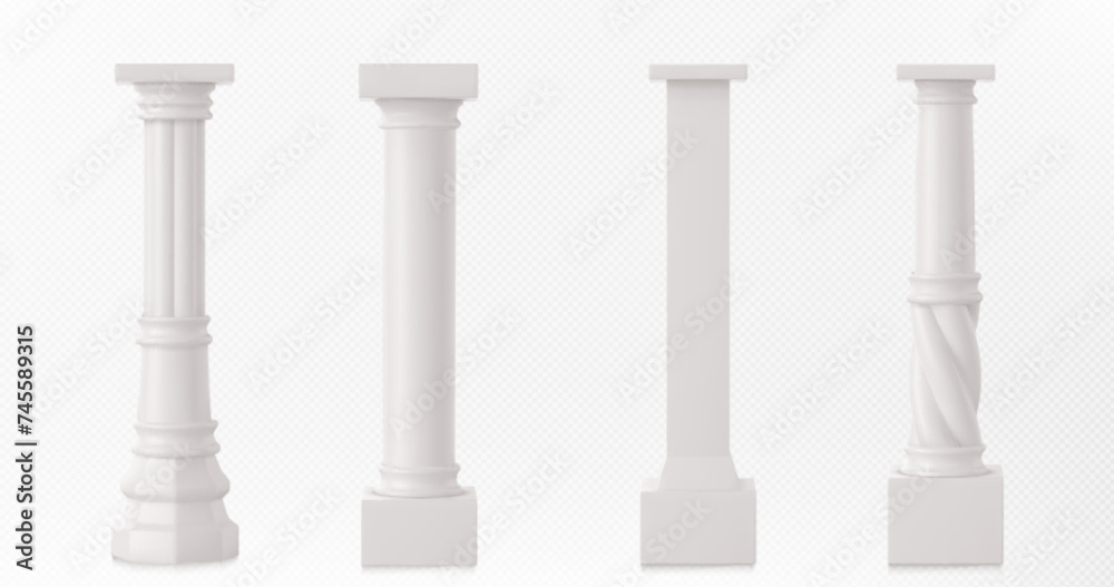 Fototapeta premium Ancient roman column made of white clay. Realistic 3d vector illustration set of greek stone pillar of temple building. Antique marble colonnade for historical construction decorative facade design.