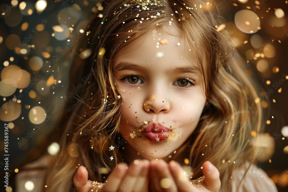 Girl child Blowing gold spark Girl child Blowing gold spark