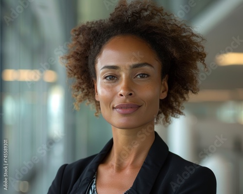 Warm and approachable corporate professional with a friendly smile, showcasing natural curly hair and a smart black blazer.