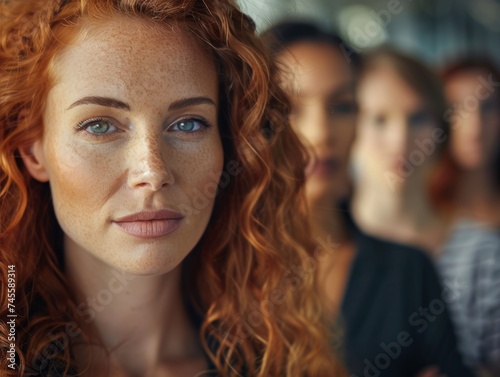 Portrait of a red-haired professional woman with striking green eyes, confidently leading a diverse team in a corporate setting.