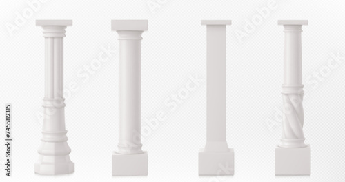 Ancient roman column made of white clay. Realistic 3d vector illustration set of greek stone pillar of temple building. Antique marble colonnade for historical construction decorative facade design.