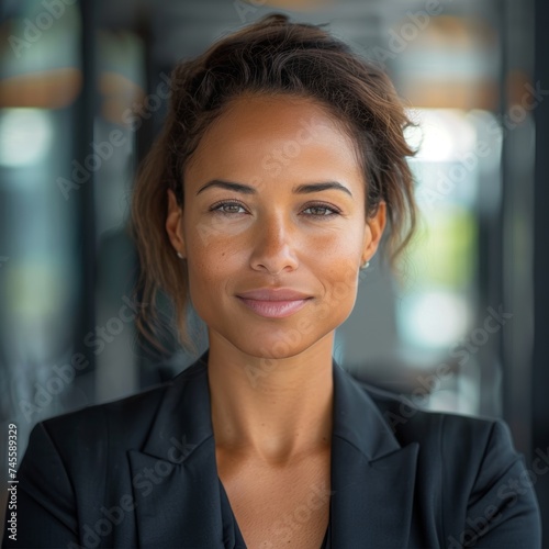 Confident professional woman in a black blazer, smiling gently in an office environment.