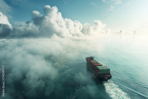 Container Cargo Ship Amongst Clouds and Calm Sea at Dawn.