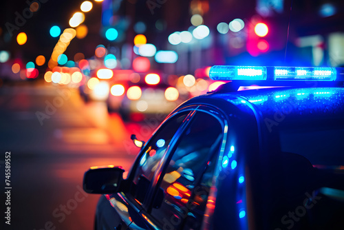 police car lights at night in city street with selective focus and bokeh