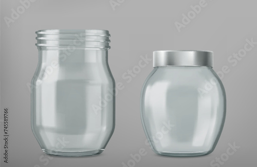 Empty glass jar with screw and metal lid. Realistic vector illustration set of transparent clear open and close with silver cap container for food storage and canning. Blank kitchen package mockup.