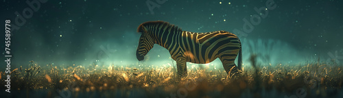A zebra with stripes that pulse with the light of distant stars, hidden in darkness © Pungu x