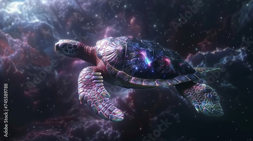 A turtle with a shell of black holes, drifting through the cosmic sea photo