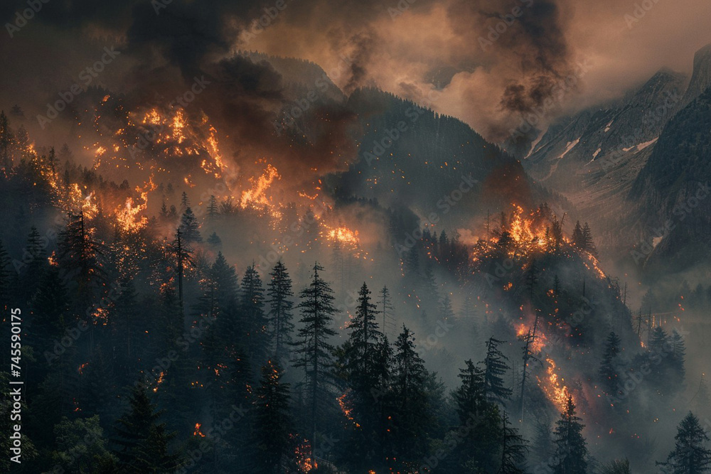 Burning Forest in The Mountains