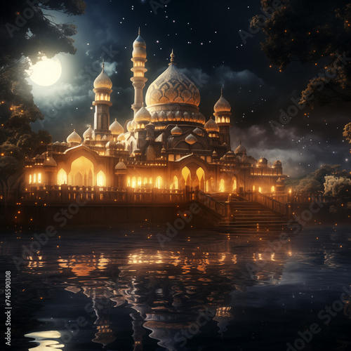 Illustration of amazing architecture design of muslim mosque concept, ramadan 