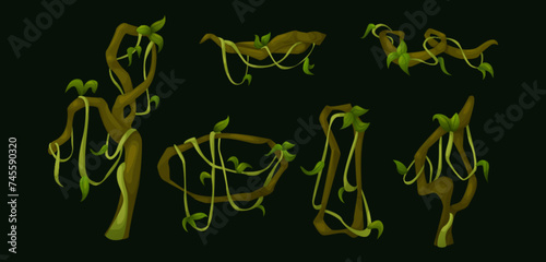 Jungle liana vines with green leaves. Cartoon vector illustration collection of rainforest tree creeping branches with foliage. Long ivy climbing plant stem and rope. Tropical hanging vegetation.