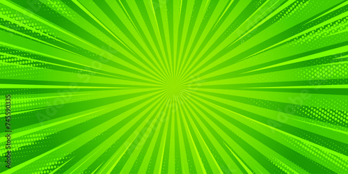 Starburst cartoon comic background. Pop art pattern with radial rays effect. Vector sun light green wallpaper with halftone. Abstract anime explosion. Vintage manga backdrop