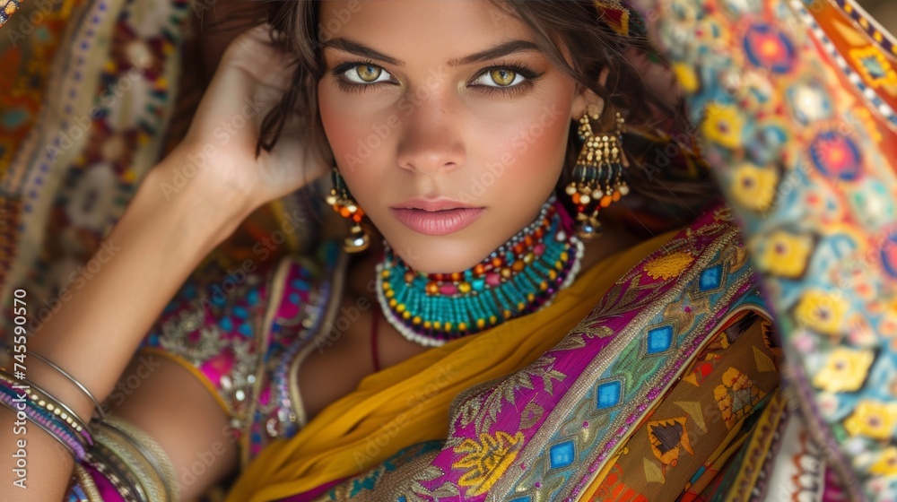 A stunning Indian woman radiates beauty. Her vibrant patterned clothing and ornate jewelry shimmer with the colors and spirit of a rich cultural heritage