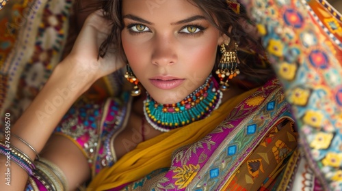 A stunning Indian woman radiates beauty. Her vibrant patterned clothing and ornate jewelry shimmer with the colors and spirit of a rich cultural heritage © kamonrat