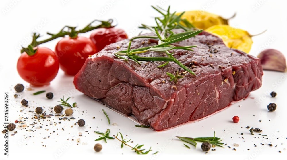 Rich, ruby-red steak, marbled with fat, sits proudly on a cutting board,A testament to quality and freshness Rich, ruby-red steak, marbled with fat, sits proudly on a cutting board,A testament to quality and freshness