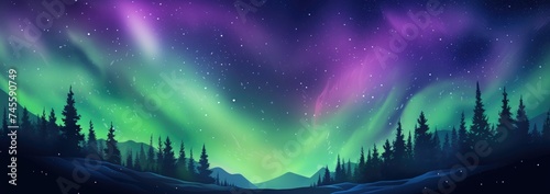 A night sky with the Aurora Borealis, displaying a dance of green and purple lights, for a magical and awe-inspiring abstract background © VisionCraft