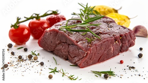 Rich, ruby-red steak, marbled with fat, sits proudly on a cutting board,A testament to quality and freshness