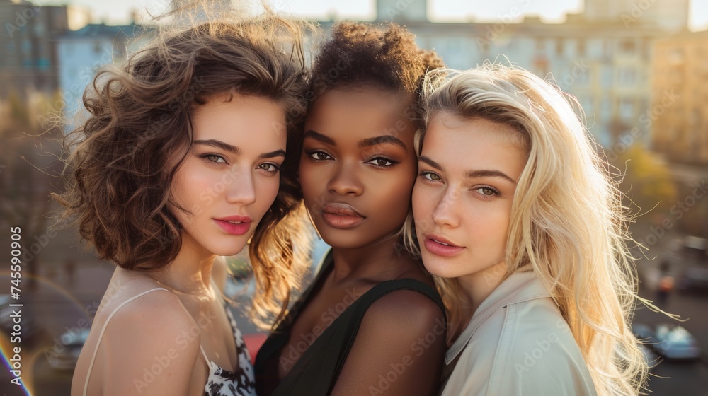 Three women stand side-by-side, radiating strength, joy, and diverse beauty. Their smiles beam in celebration of International Women's Day, a testament to the achievements of women everywhere
