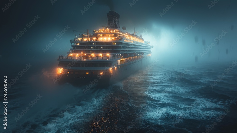 Luxury cruise ship sailing to port at night. - obrazy, fototapety, plakaty 