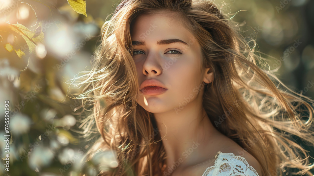Beautiful young woman's face with soft sunlight staring at the camera Beautiful young woman's face with soft sunlight staring at the camera