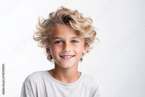 Portrait of a smiling little boy with blond curly hair on white background © Iigo