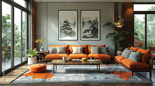 Living room interior design with grey walls, posters, wooden floor, table and sofa. Created with Ai