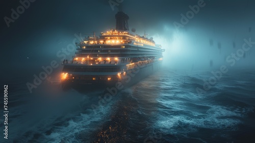 Luxury cruise ship sailing to port at night.