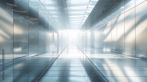 Cool White Light Casting Serene Reflections in a High-Tech Futuristic Hallway