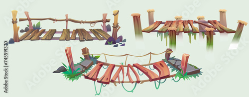 Hanging old bridge with rope, stones and green grass for game ui design. Cartoon vector illustration set of wooden suspension dangerous risky footbridge straining over abyss at edge of cliff.