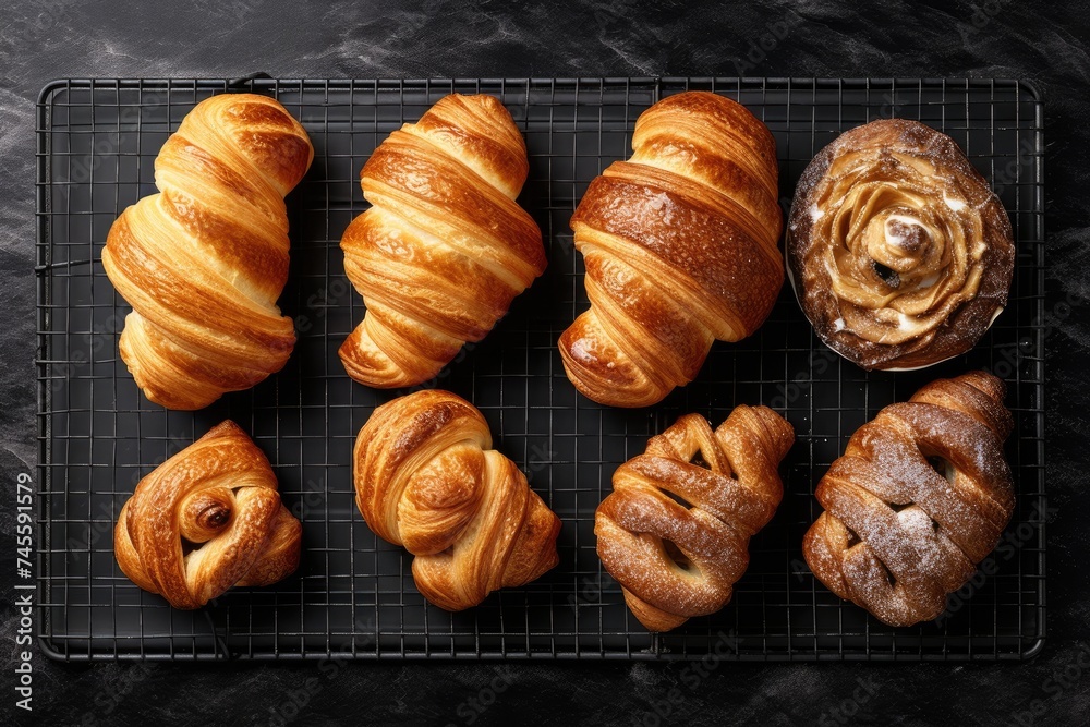 A top view of an assortment of freshly baked pastries, including croissants and Danish