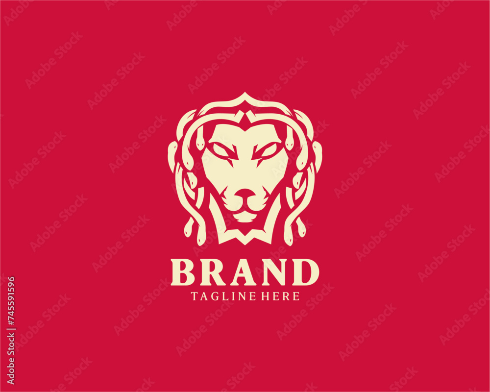 lion medusa logo, logos are easy to remember and easy to apply in various media - obrazy, fototapety, plakaty 