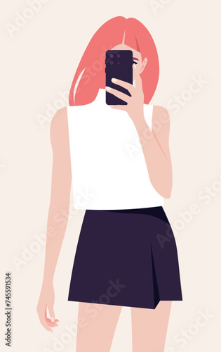 Portrait of a redhead woman holding smart phone in hand shooting selfie on front camera. A blogger is photographed for a social media. Vector flat illustration