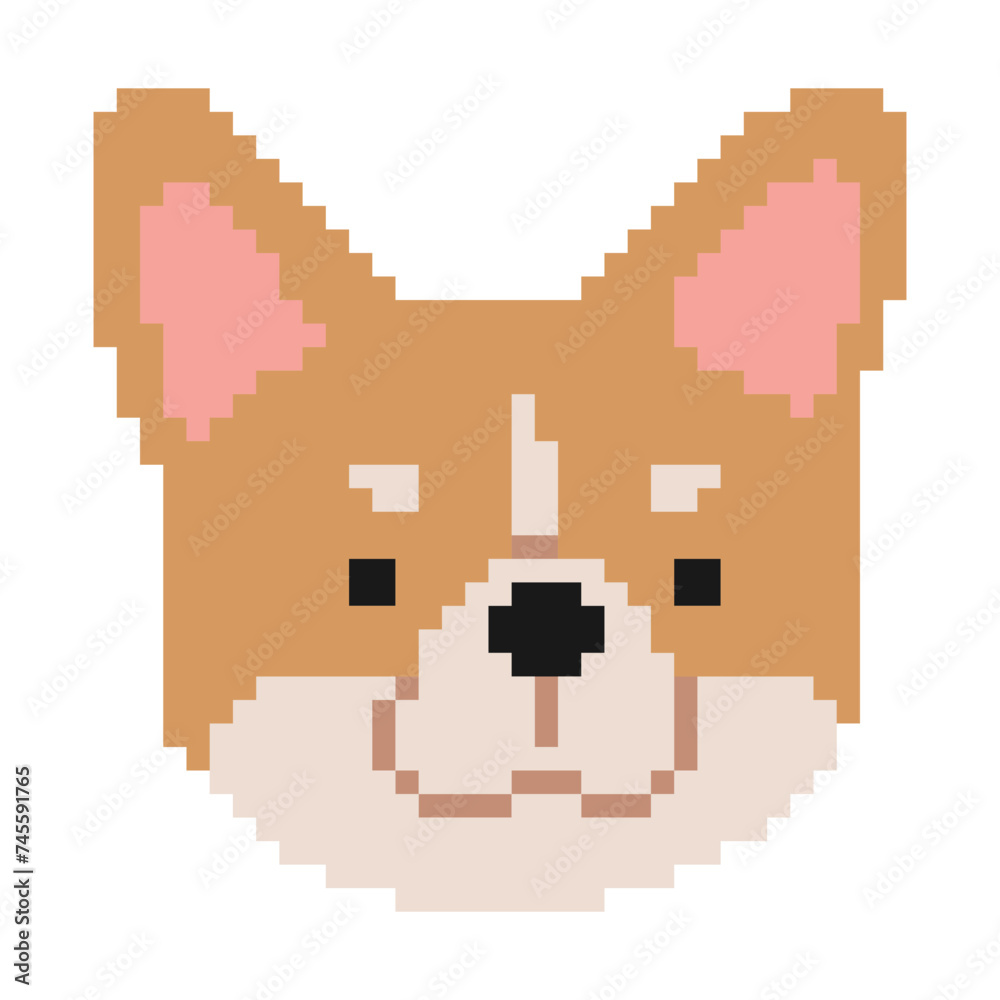 Obraz premium Welsh Corgi Head Pixel 1 cute on a white background, vector illustration. 